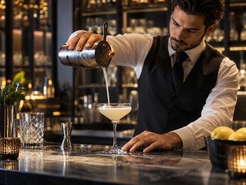 Bartender Straining Craft Cocktail into Coupe Glass