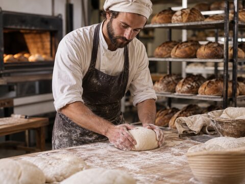 Artisan Baker Shaping Sourdough Loaf in Traditional Bakery