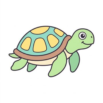 Cute cartoon sea turtle in side view, flat style clipart illustration isolated on white background