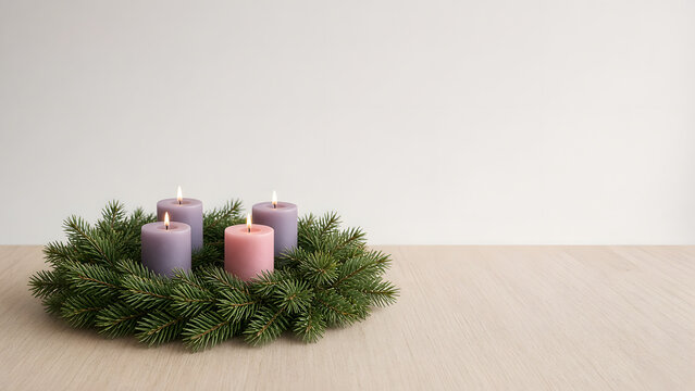 Gaudete Advent wreath with rose pink candle among three purple candles