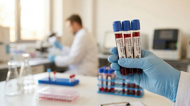 Laboratory technician holding blood sample tubes labeled for Ebola virus testing, with laboratory equipment and a microscope visible in the background