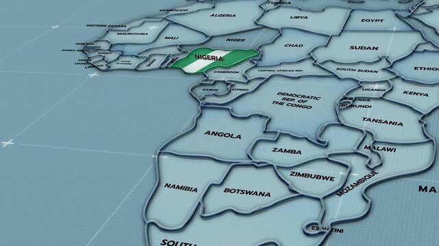 A stylized 3D map of Nigeria highlighted with the Nigerian flag, Nigeria map, Africa, West Africa, surrounded by neighboring African countries such as Niger, Chad, Cameroon, Benin, and Ghana.