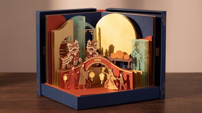 festive paper art, a vibrant multi-layered paper theater captures a festive lantern procession under a full moon