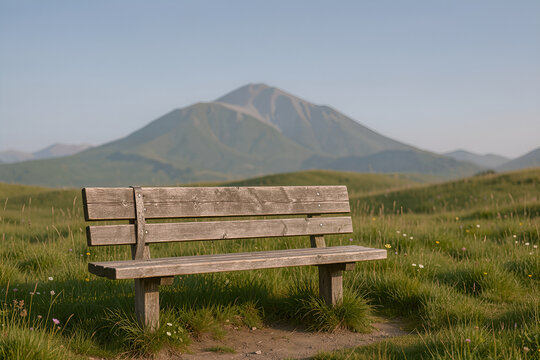 Weathered wooden trail bench beside a quiet alpine meadow with distant rounded mountain