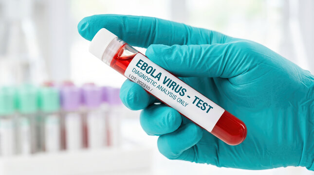 Hand holding a test tube labeled Ebola Virus Test with red liquid inside, laboratory background featuring various colored sample containers and equipment