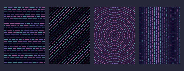 Dash neon geometric backgrounds, four different all over patterns on dark backdrops in lavender, pink and ice blue © Vector Alchemy 