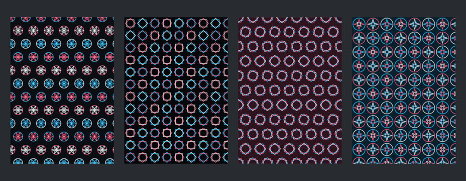 Rosette neon geometric backgrounds, four different all over patterns on dark backdrops in electric blue, raspberry and white