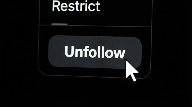 Unfollow button on digital interface screen with mouse pointer highlighting call to action on dark background for user account.