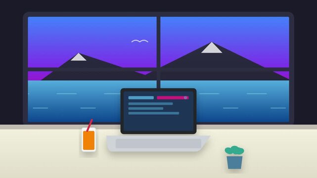 Flat vector animation of a laptop on a desk with a scenic mountain