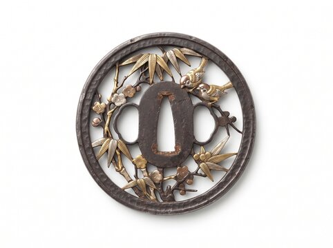 Antique Japanese tsuba sword guard with gold inlay on white background