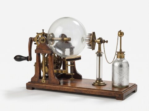 Antique electrostatic generator machine on a wooden base isolated