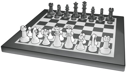 A black-and-white chessboard with black-and-white pieces on it, set against a transparent background. © Alexander Sulghin