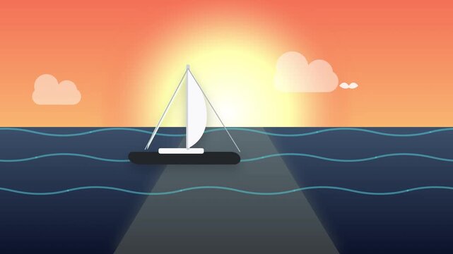 Minimalist sailboat sailing on calm ocean water during a vibrant