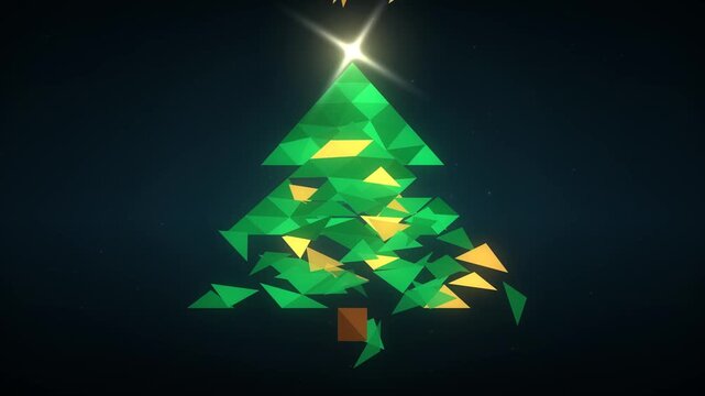 Abstract geometric Christmas tree animation with glowing star and falling particles on dark background