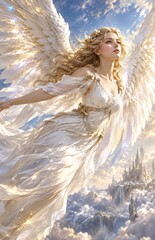 Fototapeta premium Beautiful golden winged angel flying over fantasy castle in the clouds