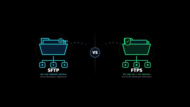 Sftp and ftps secure file transfer protocols comparing data transmission methods in a dark digital network space featuring glowing neon hud elements for cybersecurity marketing