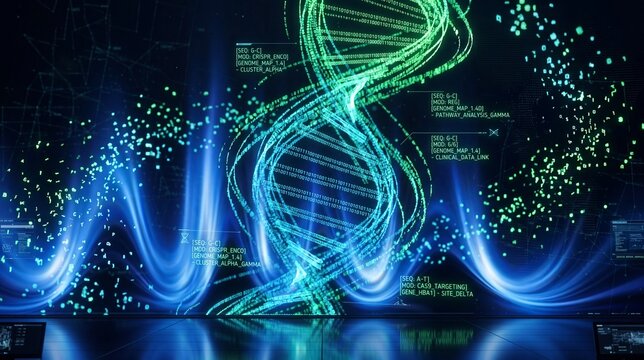 Futuristic DNA Helix with Digital Medical Data Visualization