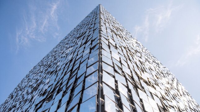 Modern Skyscraper with Geometric Reflective Facade Against Sky