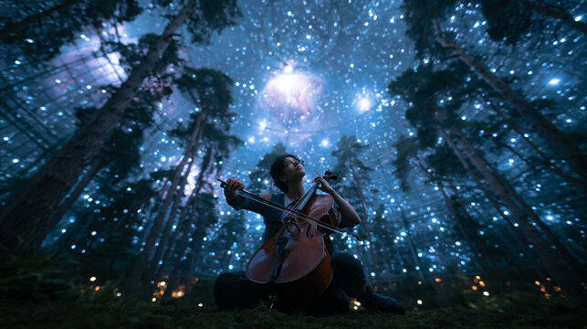 Cellist Playing Cello in Magical Forest Under Starry Sky