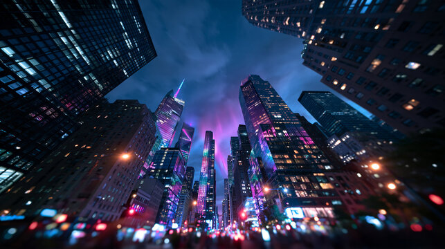 Low Angle View of City Skyscrapers Illuminated at Night
