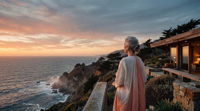Senior Woman Enjoying Ocean Sunset from Luxury Villa Balcony