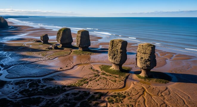 Ancient standing stones formation on coastal tidal flats with ocean waves