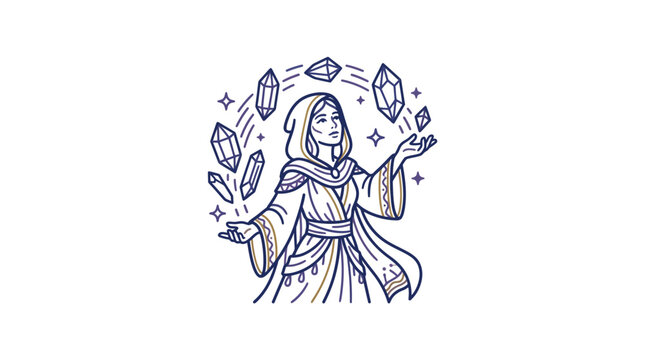Mystical Sorceress Conjuring Floating Magic Crystals Illustration.