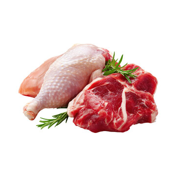 Raw chicken leg and beef steak isolated on transparent background