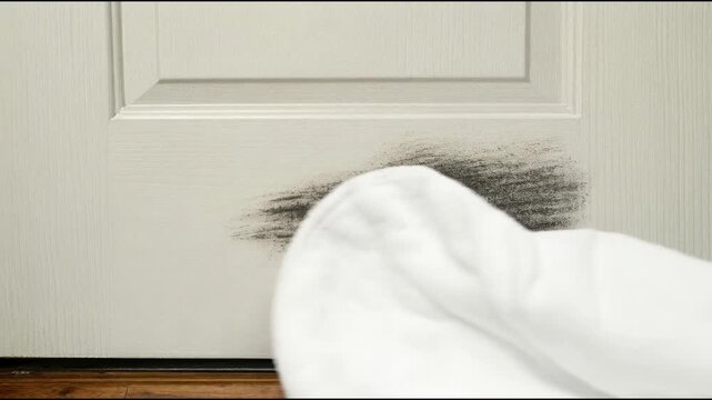 A close-up of a door with a mysterious black spot