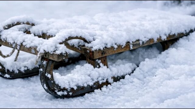 A wooden bench covered in snow next to a winter tree