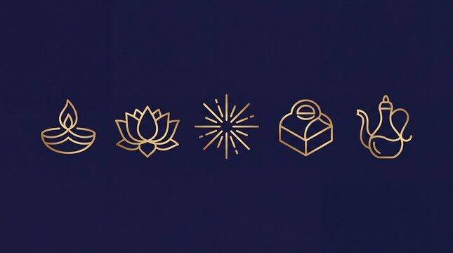 diwali iconography, a modern monoline diwali icon set featuring a diya, lotus, and fireworks