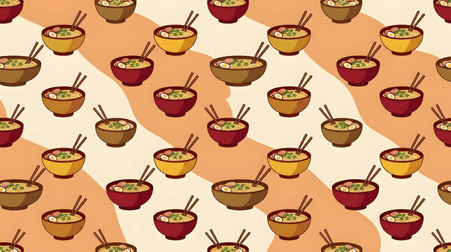 Japanese ramen noodle bowls seamless food pattern.