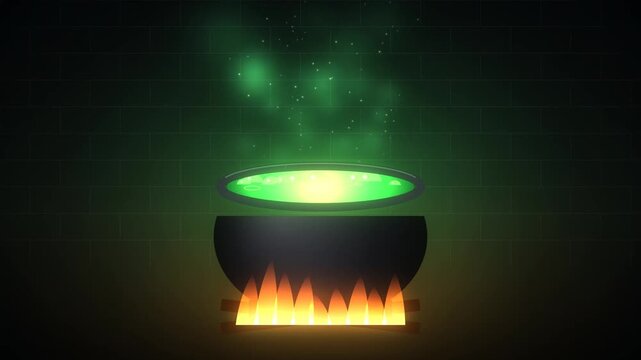 Witchs cauldron bubbling with green potion over a fire with smoke and sparks rising in a dark room