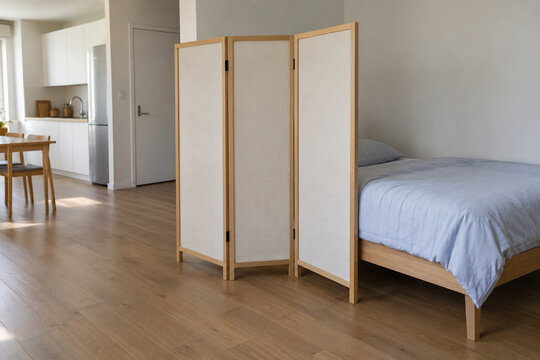 Three Panel Fabric Room Divider beside a Bed in an Open Plan Interior