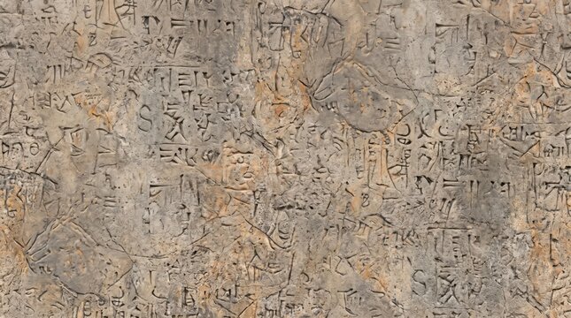 Ancient stone wall texture with carved mysterious symbols and hieroglyphs