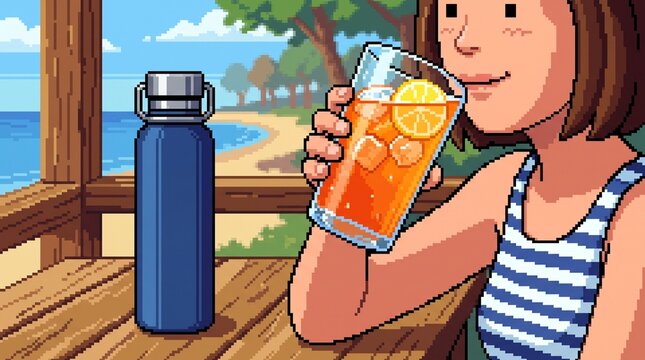 Pixel art woman drinking iced tea on a beach boardwalk with a water bottle