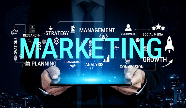 Professional Businessman Holding Tablet with Digital Marketing Concepts and Icons in Background for Strategy and Growth Planning Haptic.