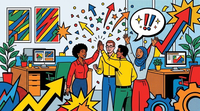 Diverse team celebrates success with high fives and upward trending graphs