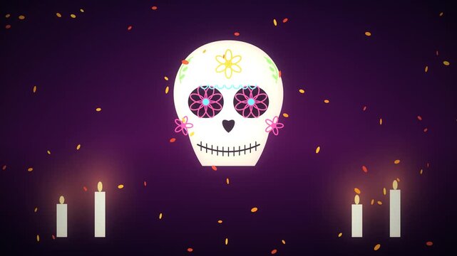 Day of the Dead celebration with animated sugar skull and flickering candles on a dark purple background with falling confetti