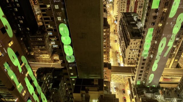 hong kong cyberpunk city with overlayed code and data on the buildings