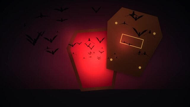 Three frames of a spooky video clip showing a coffin opening with bats flying out and a red glow emanating from within