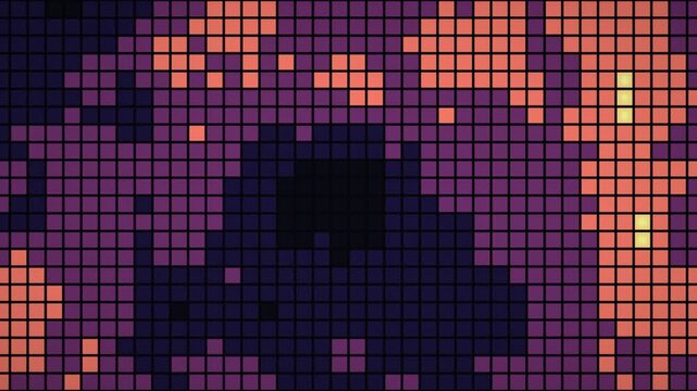 Abstract pixel art animation of a sunset transitioning through vibrant purple and orange hues with glowing yellow highlights