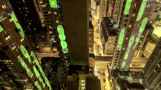 hong kong cyberpunk city with overlayed code and data on the buildings