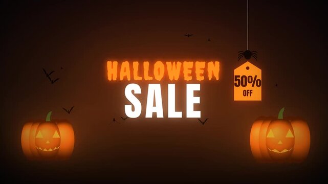 Halloween Sale 50 percent off with pumpkins and flying bats on dark orange background