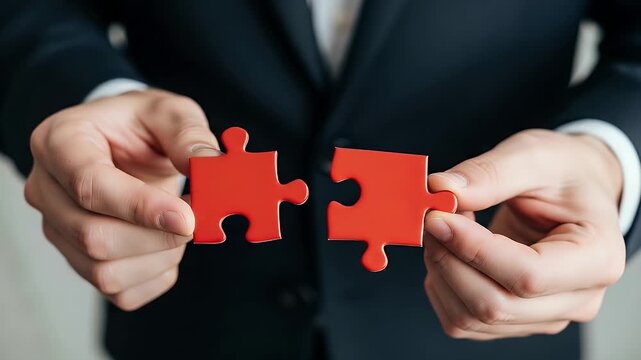 Professional businessman in a formal suit carefully holding two bright red puzzle pieces together to represent a strategic solution or a successful corporate team merger