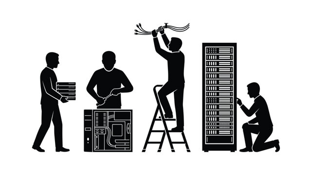 Silhouette of four people working with server hardware and networking equipment rack cable connection maintenance data center support tech gadget electronic component unit management network