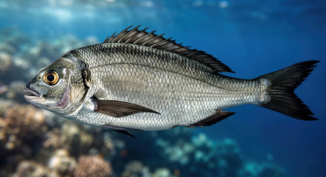 Bigeye Bream (Monotaxis grandoculis) Swimming in Clear Blue Ocean Waters Over a Coral Reef