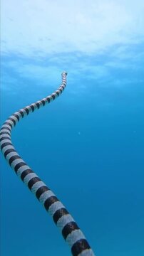 Banded sea krait snake swimming upwards from coral reef to surface underwater
