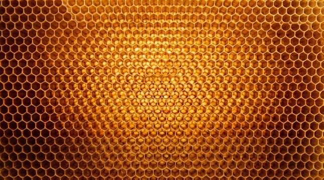 Close-up abstract texture of a golden honeycomb structure with warm amber lighting highlighting the organic geometric cells and symmetry