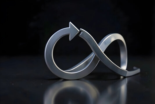 Circular economy and sustainability concept, metal infinity with arrow symbol for recycling and renewable resources on a dark reflective surface